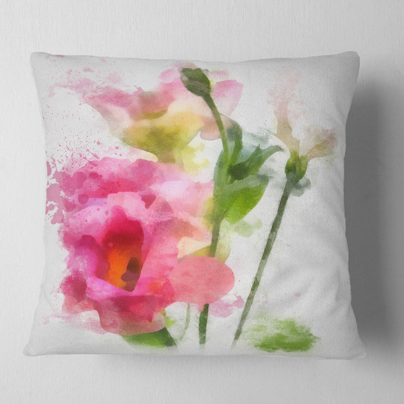 Coussin décoratif imprimé à la main fleur d'aquarelle rose, 18 po x 18 po, Carré