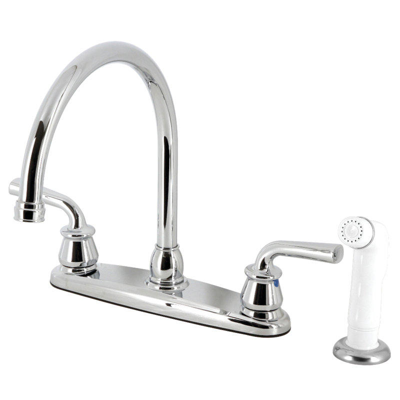 Kingston Brass Restoration Two-Handle 8" Centerset Kitchen Faucet, With Side Spray, Polished Chrome/White