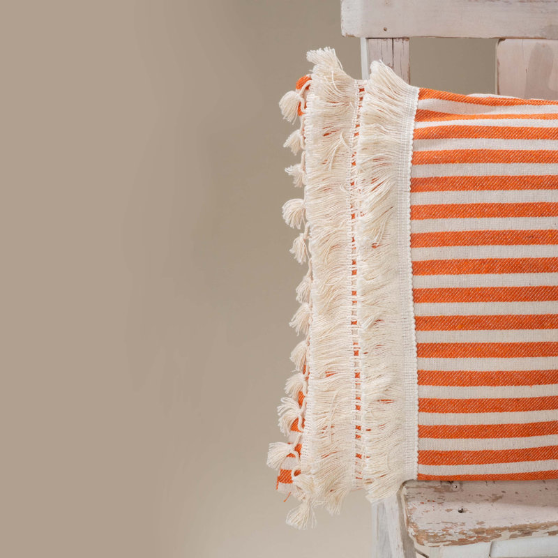 Arrowwood Striped White Rectangular Cushion Cover, Cream/Coral Red