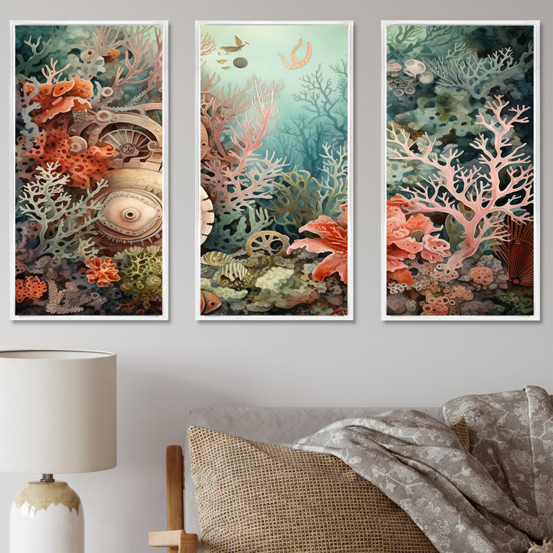 «Coral Pirate Wheel Memory», ensemble d'impression d'art mural corail sous l'eau, Cadre flottant blanc