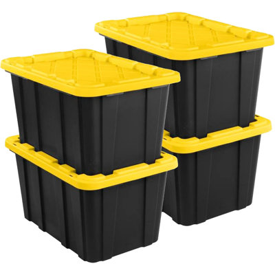 Ensemble de 4 bacs de rangement industriels de 27 gallons, bacs en plastique robustes, noir / jaune - organisateurs utilitaires empilables avec couvercles pour le garage, les outils de camping et l'équipement de plein air