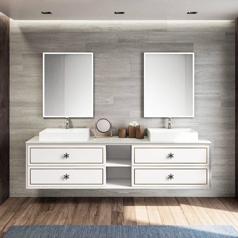 Base de meuble-lavabo flottant 84 po sans plateau, base de meuble-lavabo mural seulement, blanc