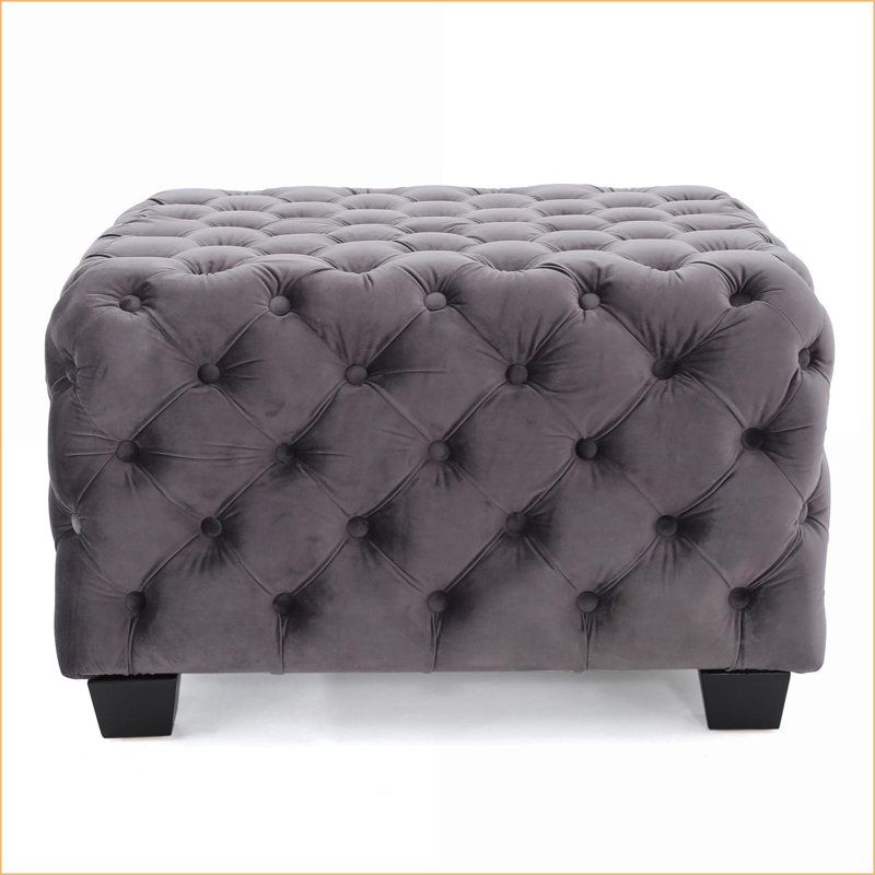 Ottoman, Modern Glam Velvet Button-Tufted Square, 29x29x18.25 Inch | Velvet | Grey, Gray
