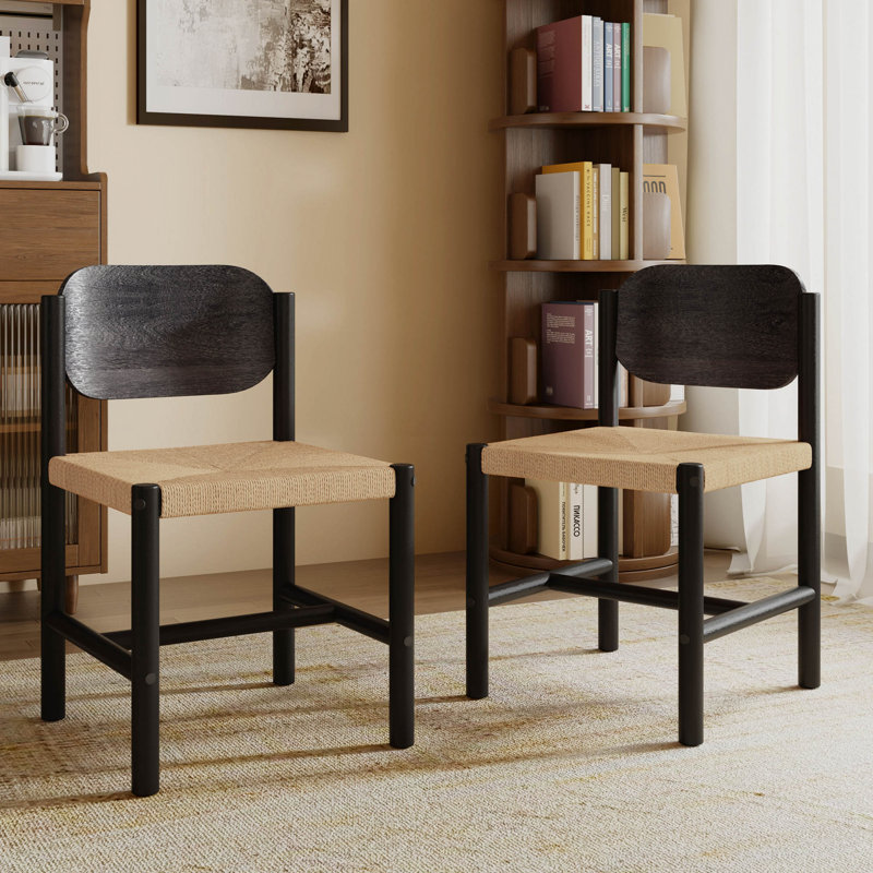Chaises de salle à manger en bois avec siège en corde de papier, chaises de cuisine d'intérieur sans accoudoirs, ensemble de 2