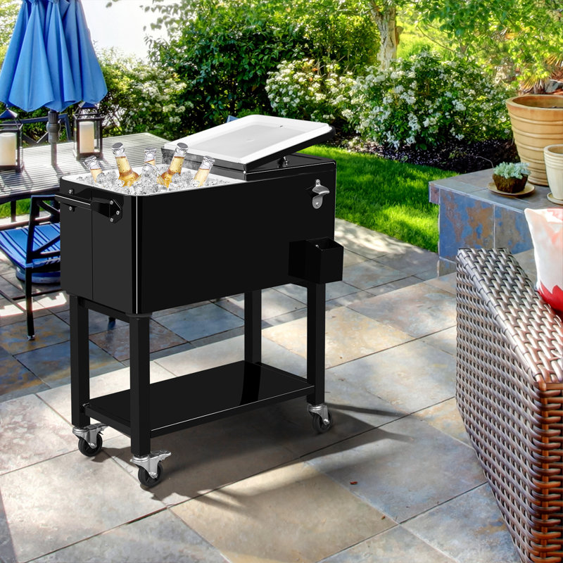 Black Metal 80 Qt. Outdoor Rolling Cooler Cart with Detached Lid