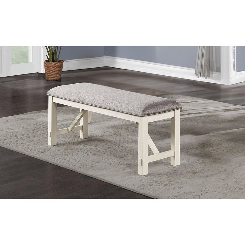 Banc de style moderne pour salle à manger avec tissu gris et structure blanche, lignes de rembourrage,