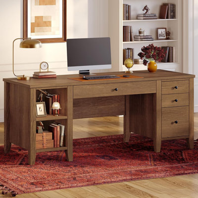 Bureau de direction en bois massif, bureau d'ordinateur 58 po avec 4 tiroirs et tablettes de rangement pour bureau d'écriture, brun