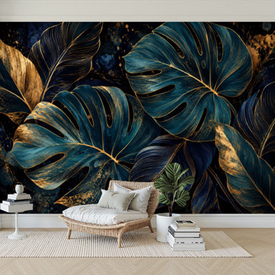Papier peint adhésif peler et coller feuilles de palmier or noir blanc marbre artistique couvertures de conception colorée autocollante amovible papier contact mural pour salon chambre à coucher H 100 po x l 144 po