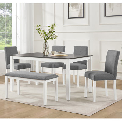 6-Piece Dining Table Set with Bench and Chairs, Dining Table Set for 6 with Bench, Wooden Dining Table Set for Kitchen, Dining Room, Grey & White Two