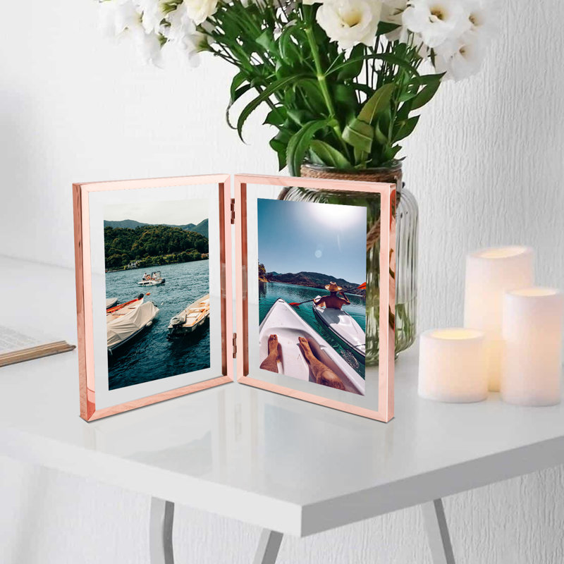 Cadre en métal flottant articulé avec verre véritable, 8 po x 10 po, Or rose