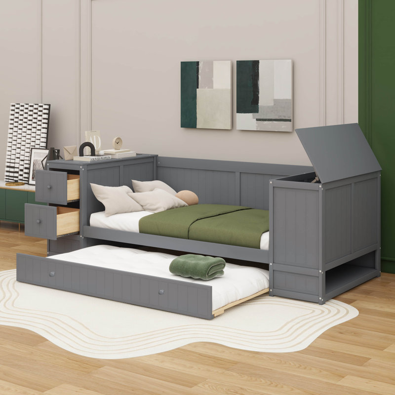 Twin Size Daybed With Storage Arms Trundle And Charging Hub, Gray