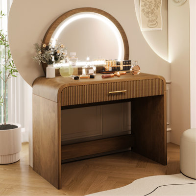 Coiffeuse de 99 cm avec miroir lumineux DEL et tiroir ondulé, offrant un espace de rangement optimal pour les cosmétiques et les bijoux. Meuble double fonction amovible, design ergonomique, éclairage tactile et élégante forme incurvée.