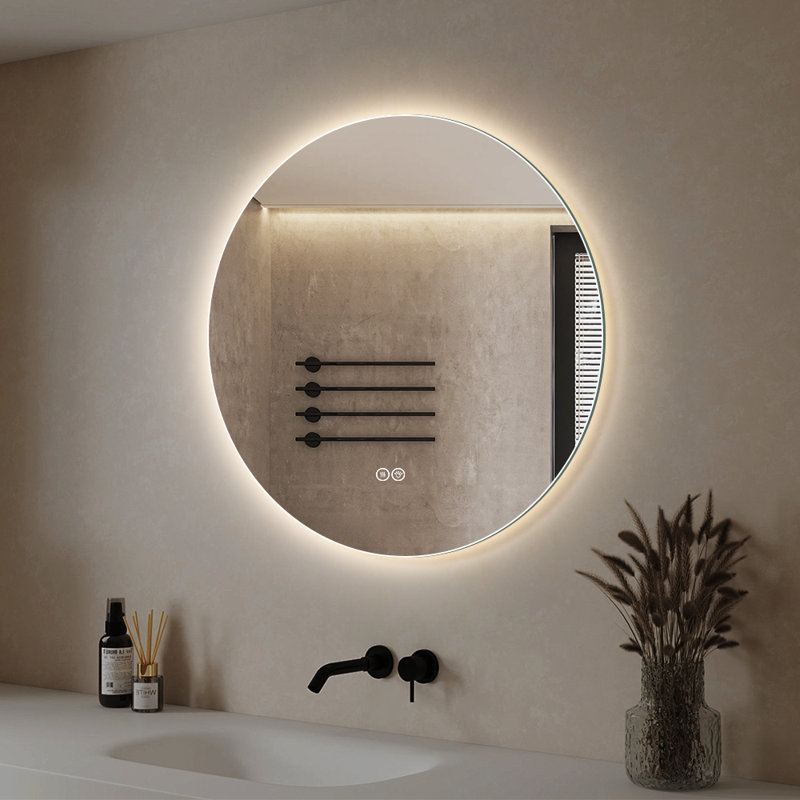 32" Round Frameless LED Bathroom Mirror, Dimmable Tri-Color Light, Anti-Fog, HD Shatterproof Glass
