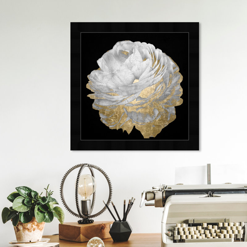 Or et fleurs légères - Peinture encadrée sur papier, H 14 po x l 14 po, Cadre noir