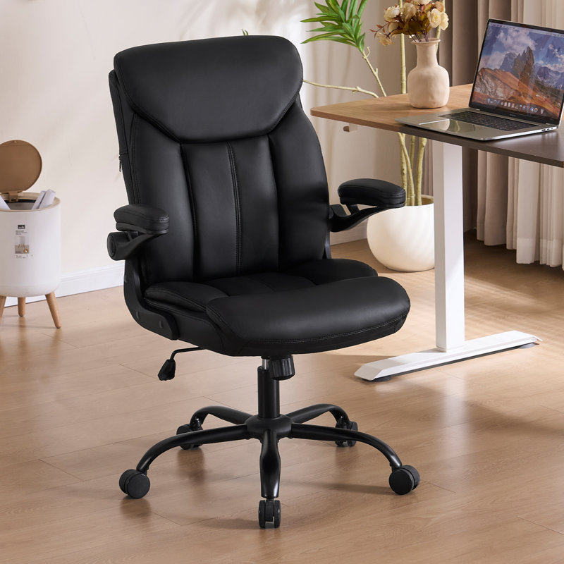 PU Leather Office Chair Comfy Home Office Desk Chairs, Ergonomic Executive Chair with Tilt Lock Back Support 360° Swivel, Small Computer Chair with Wheels and Padded Flip-Up Arms | Black