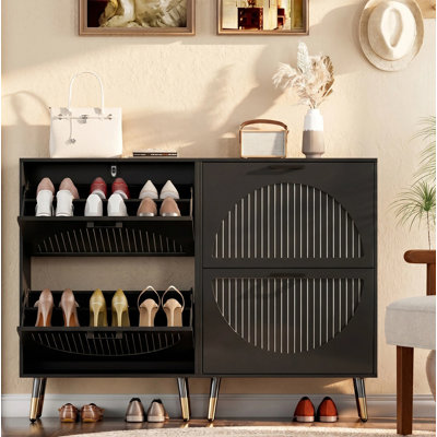 Rattan Shoe Cabinet With 4 Flip Drawers And Adjustable Shelves, Narrow Shoe Organizer, Freestanding Hidden Shoe Cabinet For Hallway