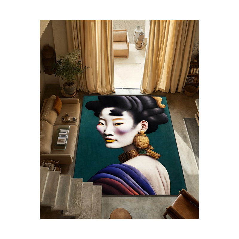 Tapis lavable à motif de portrait de femme de style lavabo lavabo vert, Sous-tapis rectangulaire de 3 pi 3 po x 4 pi 11 po