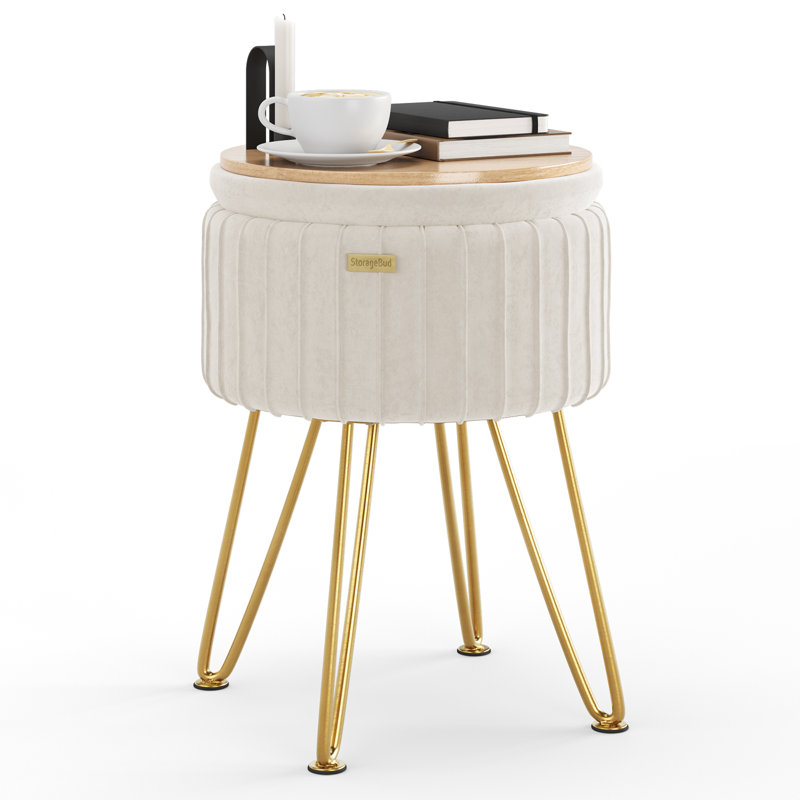 Round Pleated Velvet Ottoman with Storage, Gold, White