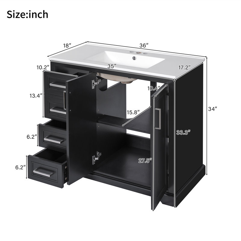 Meuble-lavabo simple 36 po avec lavabo en céramique, tiroirs et armoire à fermeture en douceur avec tablette réglable, Noir