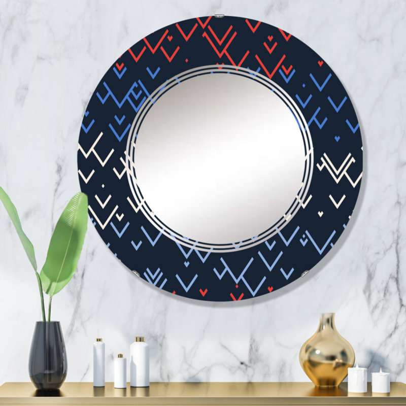Miroir mural rond bleu et blanc à motif géométrique triangulaire II, 32 po x 32 po