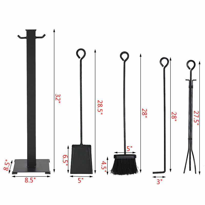 Black Wrought Iron 5-Piece Fireplace Tool Set with Stand