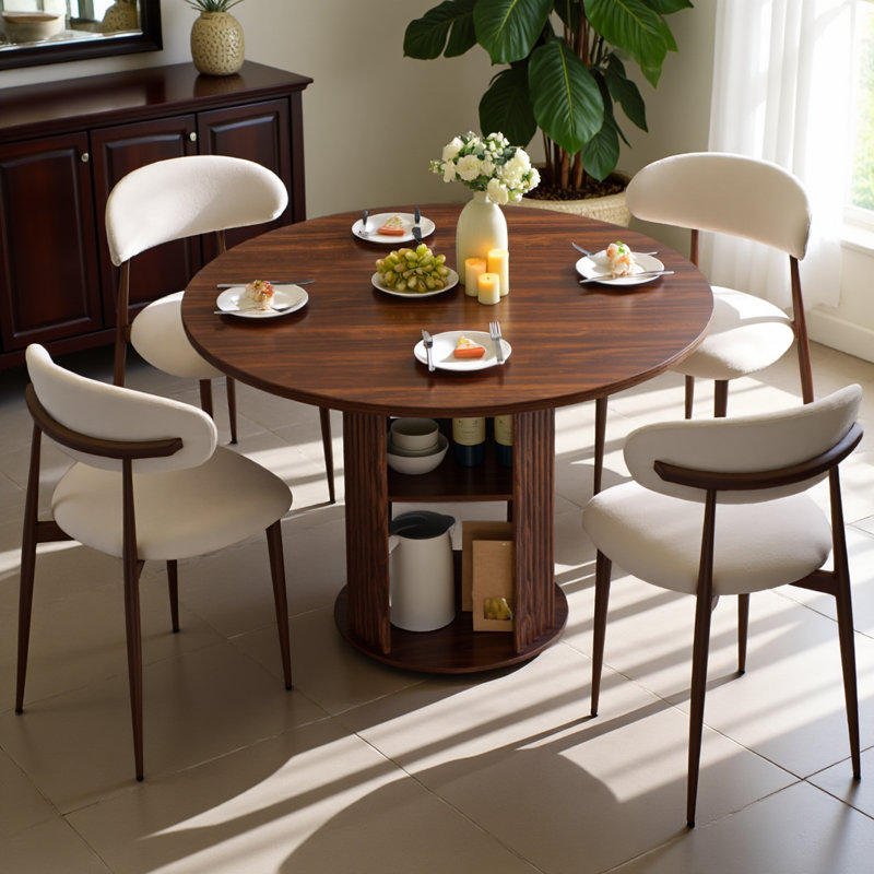 47.24" Round Dining Table (serves 2–4) With Two Dining Chairs Blends Modern And Farmhouse Styles, Featuring A Double-tiered Storage Shelf, Suitable For Dining Rooms Or Living Spaces.walnut