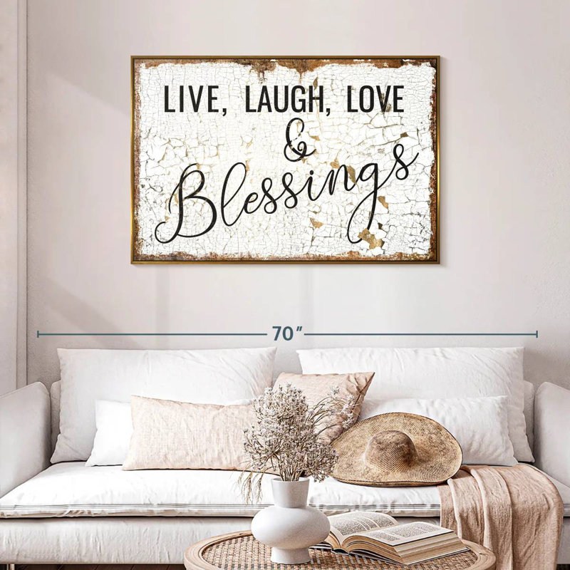 Live Laugh Love and Blessings, typographie, Cadre flottant doré, 43 po x 29 po