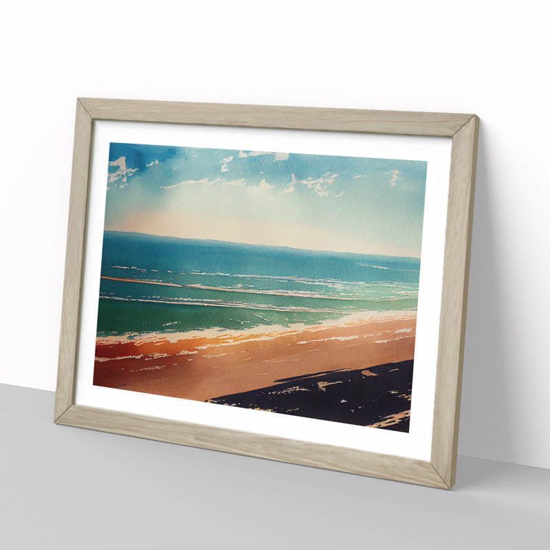 Beach In Watercolour Vol.5 - Single Picture Frame Painting, 25cm H x 34cm W x 2cm D, Oak