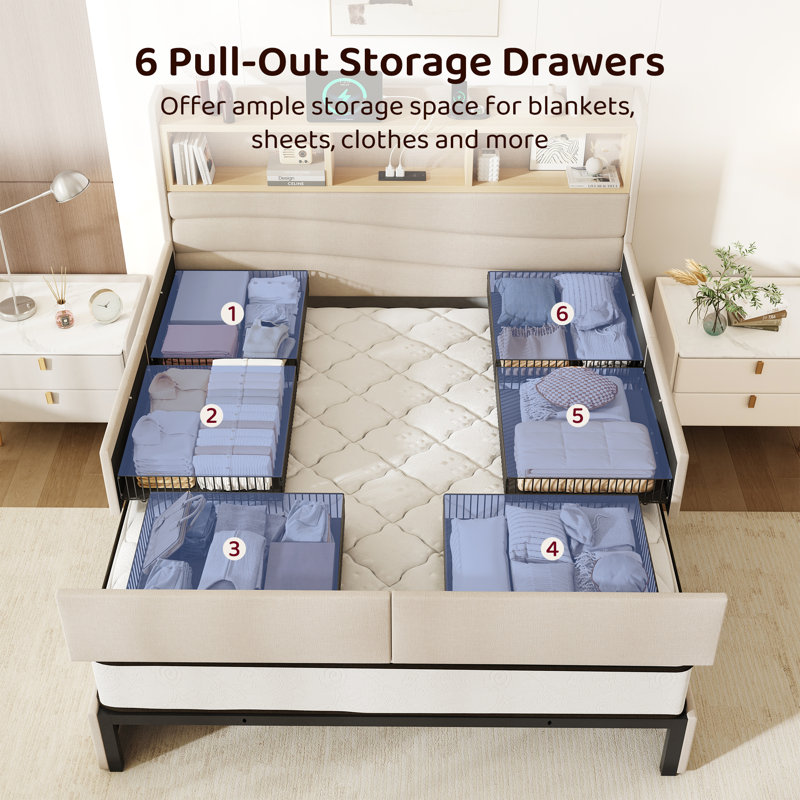 Queen Size Bed with 6 Storage Drawers & Headboard, Upholstered Bed Frame with Charging Station, Beige, Queen, Beige