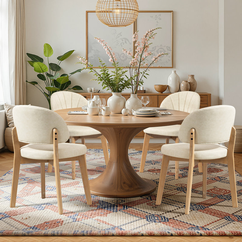 Chaises de salle à manger rembourrées en bois massif de style Mid-Century, Begie Leather