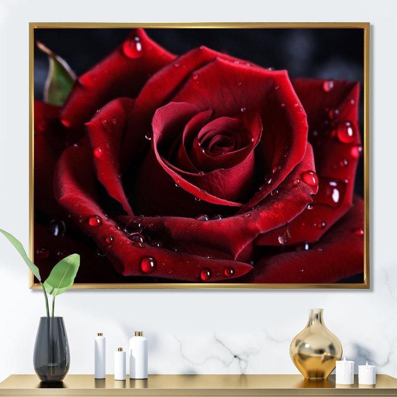 Red Rose with Raindrops I - Floral Framed Wall Art, Gold Floater Framed, 30" H x 40" W x 1.5" D
