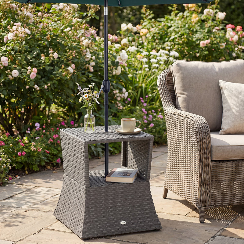 Outsunny Rattan Outdoor Coffee Table with Umbrella Hole Dark Grey
