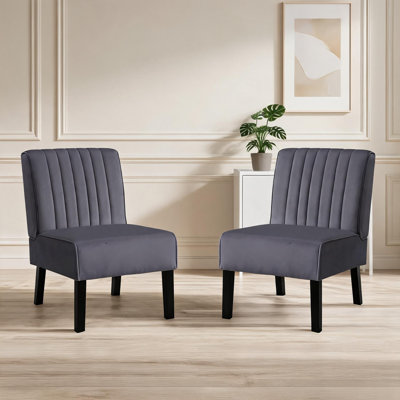 Ensemble de 2 fauteuils d'appoint Mid-Century modernes en velours de luxe gris avec pieds en bois massif