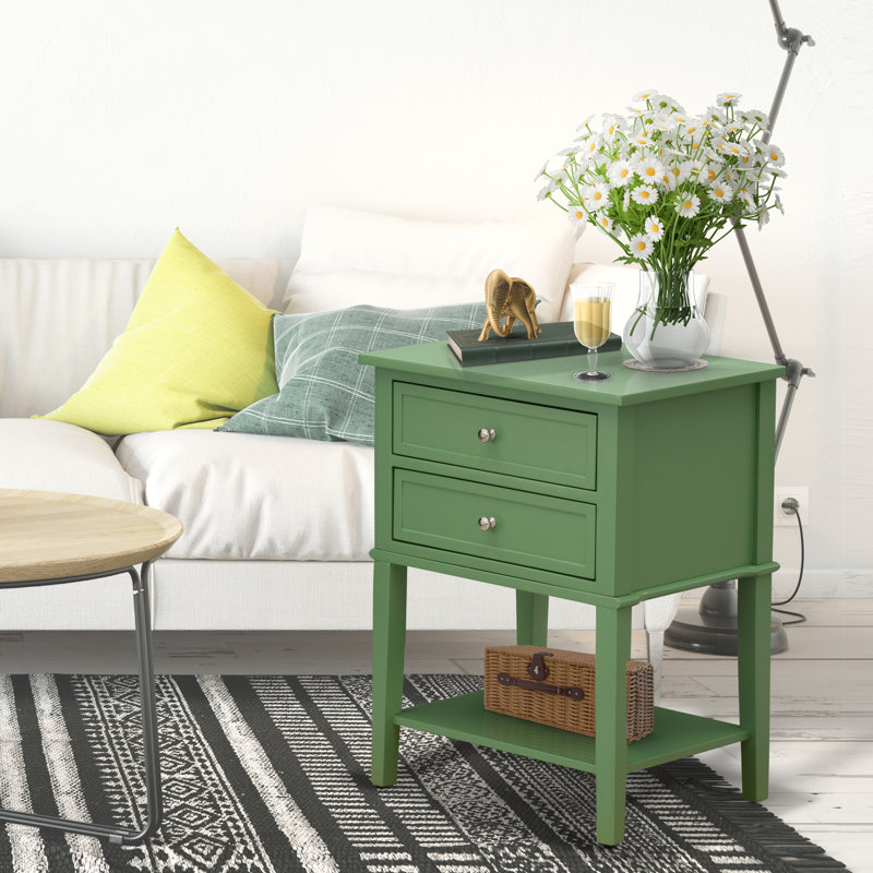 Table de bout Valencia - Table de bout rectangulaire avec 2 tiroirs pour la chambre Valencia, vert trèfle, Vert trèfle