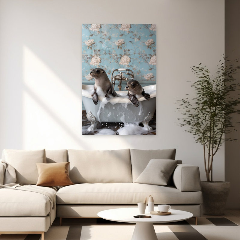 Baby Seals Bubble Bath Playful Vintage Animal Architecture Wall Art Print 1 Piece Wrapped Canvas Wall Art