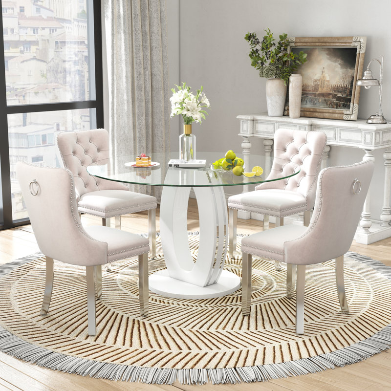 Ensemble de salle à manger 5 pièces, Beige, Blanc / argenté