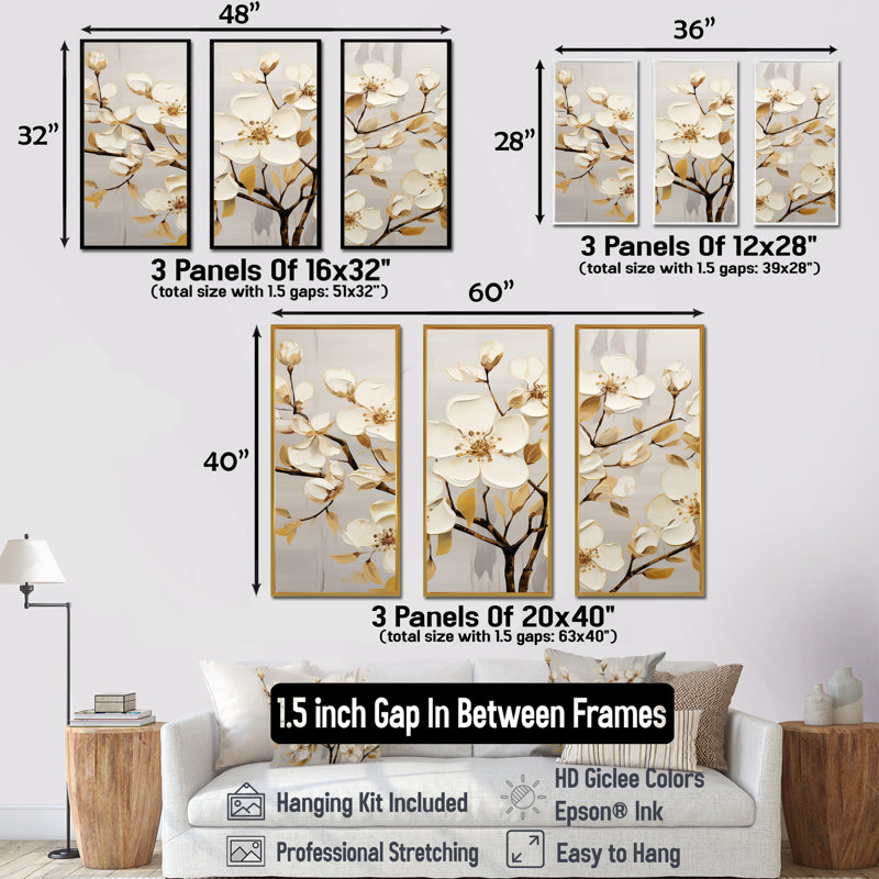 Ensemble d'art sur toile Dogwood, Cadre flottant noir, H 40 po x l 60 po x P 1 po