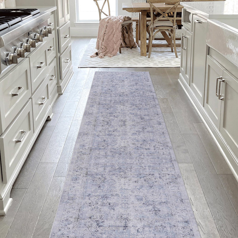 Blue+Cream Washable Area Rug, Rectangle 2'5" x 10'