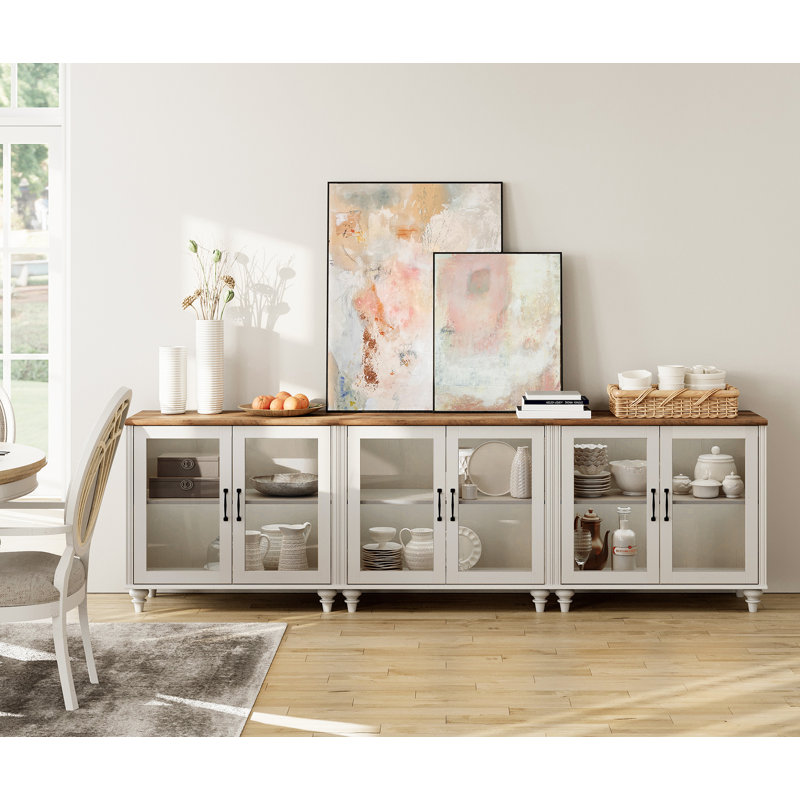 Buffet Corretta avec 6 portes en verre, armoire Buffet avec tablette réglable, Blanc / Brun