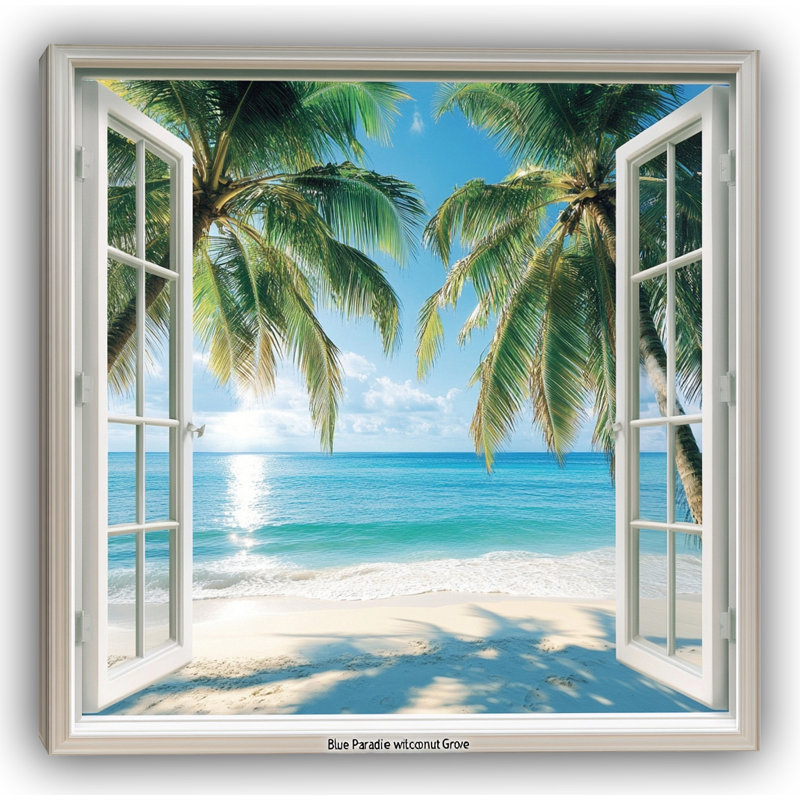 «Blue Paradise with Sun-Kissed Palms», art mural sur toile, 40" H x 40" W