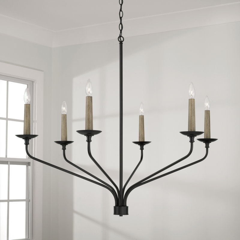 Matte Black 6-Light Candle Chandelier with Wooden Accents