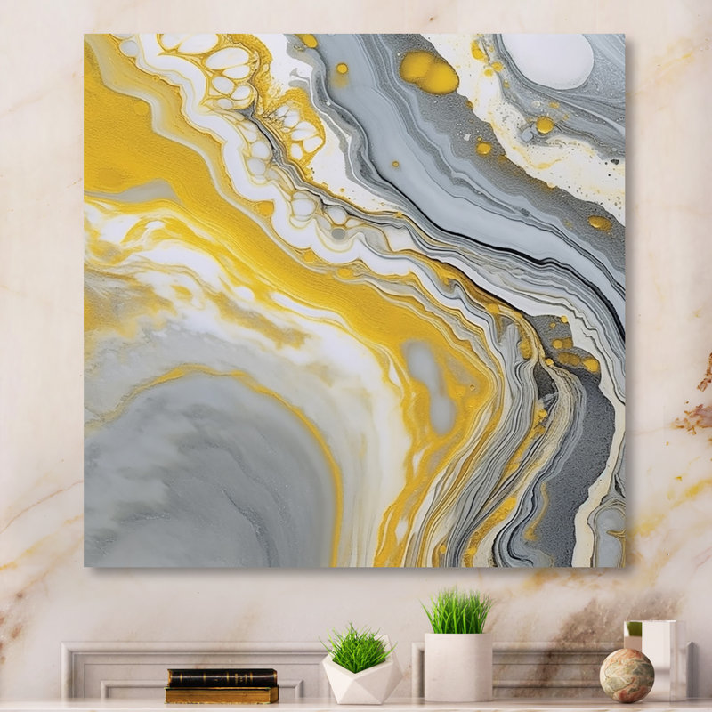 «Gray Yellow Marble Symphony», reproduction d'art sur toile encadrée abstraite, 24" H x 24" W, Black Picture Framed