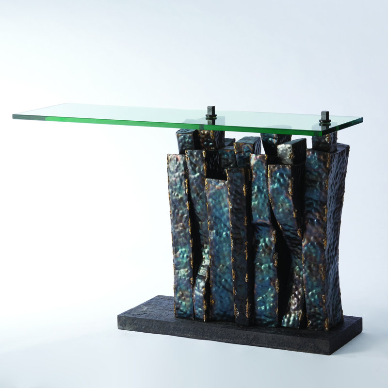 Brutalist Brass Braised Metal & Glass Console Table