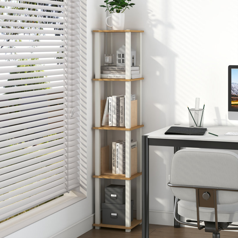 Étagère d'angle à 5 niveaux de 57,7 po, tablettes ouvertes pour la présentation et le rangement, Hêtre / blanc