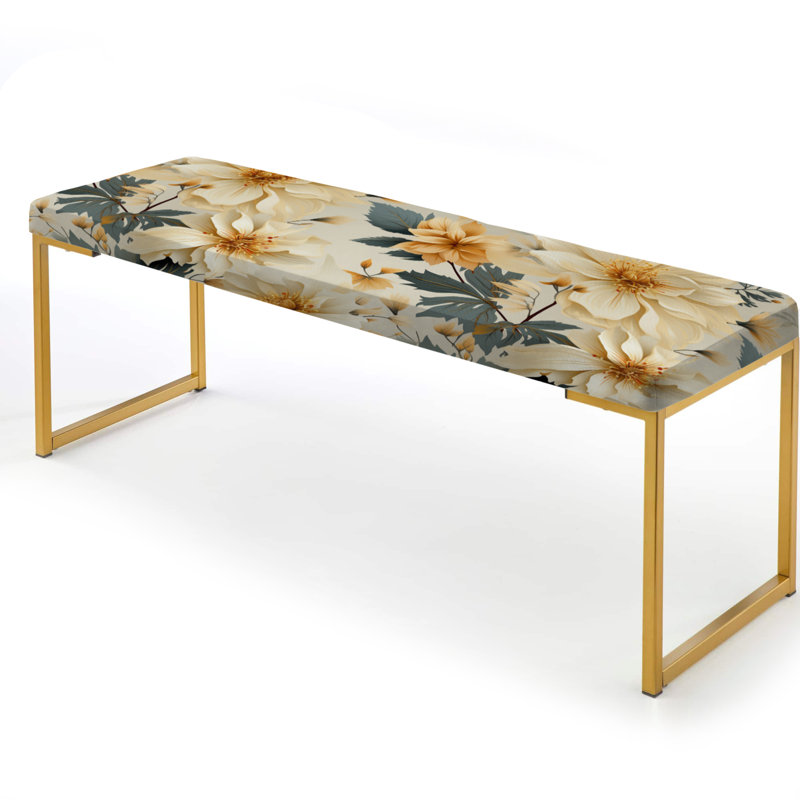 Banc floral rembourré or, Fleurs de pivoines beiges et bleues antiques III
