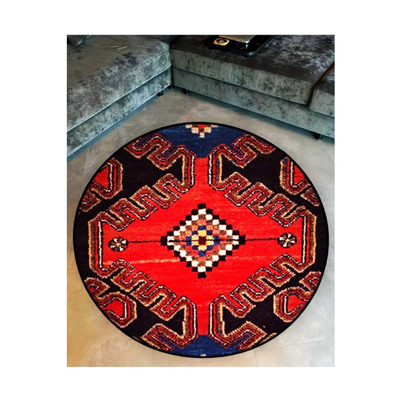 Navy Blue And Red Themed Traditional Motif Patterned Round Woven Base Vintage Decorative Carpet, Round 2'8"