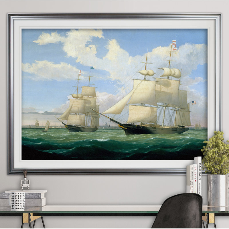 « navires à mer iii », reproduction de dessin, H 18 po x l 27 po x P 1,5 po, Cadre argenté