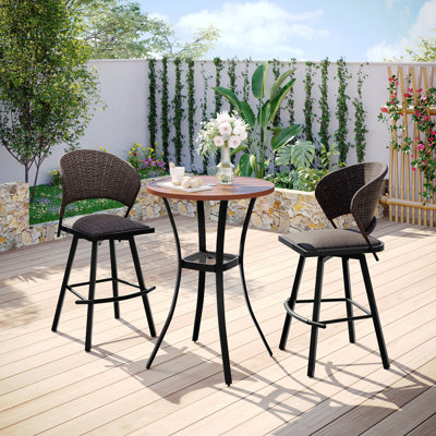 3-Piece Outdoor Bistro Set with Round Bar Table and Wicker Padded Swivel Bar Chairs
