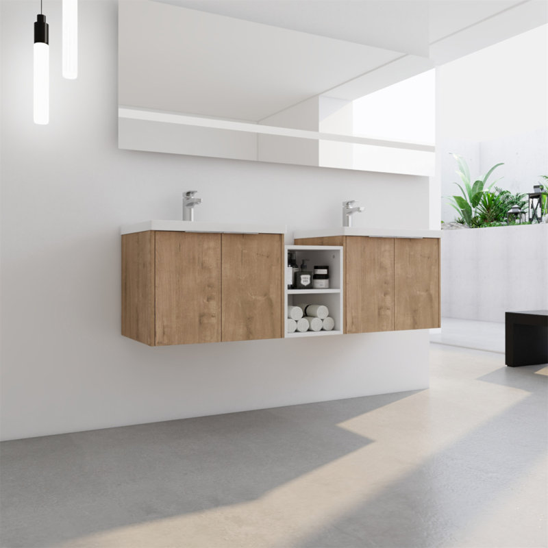 Meuble-lavabo à fermeture en douceur de 60 po avec lavabo, petites tablettes de rangement et armoire combinée pour une organisation améliorée