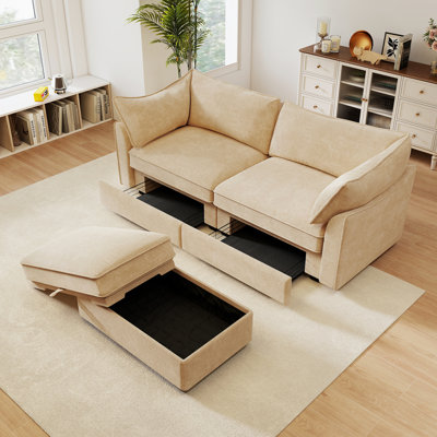 Canapé modulaire en L, canapé avec 1 repose-pieds mobile, accoudoirs en forme de croissant et coussins de dossier et d'accoudoirs enveloppants, chenille